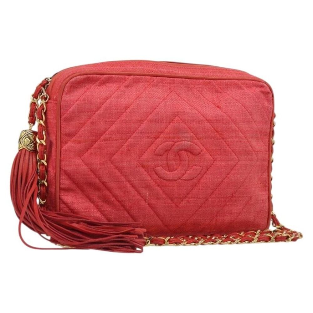 Chanel Vintage Diamond Cc Camera Chevron Canvas Red Canvas Handbag